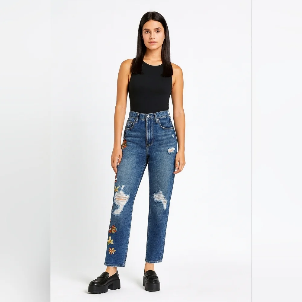 NWT DRIFTWOOD JORDIE‎ Mom Jeans Embroidered Floral Button Fly DW-P42263A W24 L27